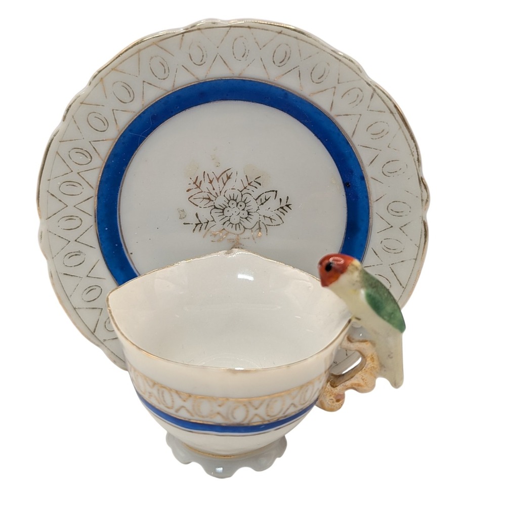 Vintage Demitasse Cup and Saucer Bird on Handle Mid Century‎ Modern Japan SEE
